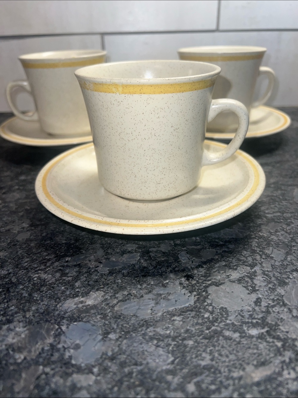 HEARTHSIDE GARDEN FESTIVAL Speckled Teacup and Saucer Set with Yellow Trim